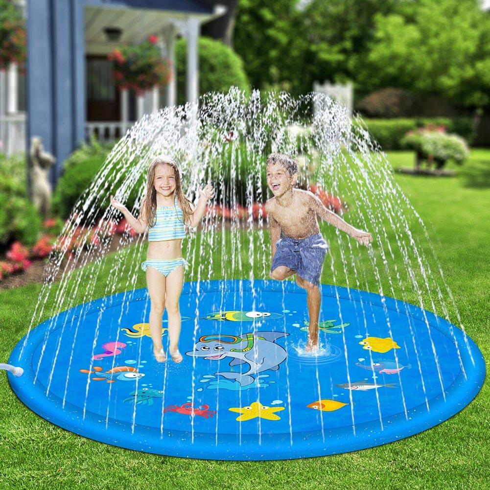 Tapis Jet d'eau Enfant 170cm,Splash Pad Rond Dauphin,Tapis d'eau Extérieur Gonflable Antidérapant,Jeux d'eau Enfant Extérieur,Cadeau Été Bleu