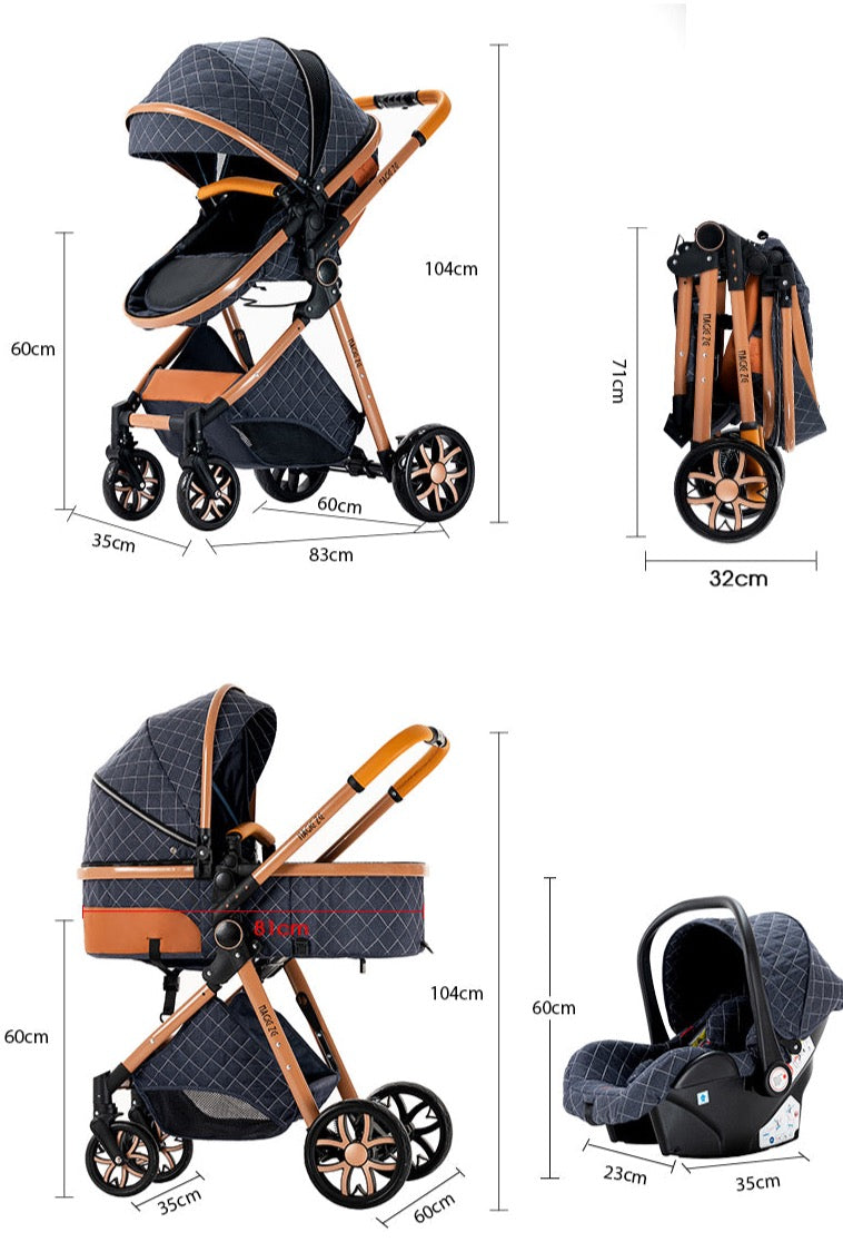 Poussette 3 En 1 Luxe Avec Nacelle Réversible – Pliage Une Touche – Compacte Voyage – Couleur Kaki – Siège Face Aux Parents